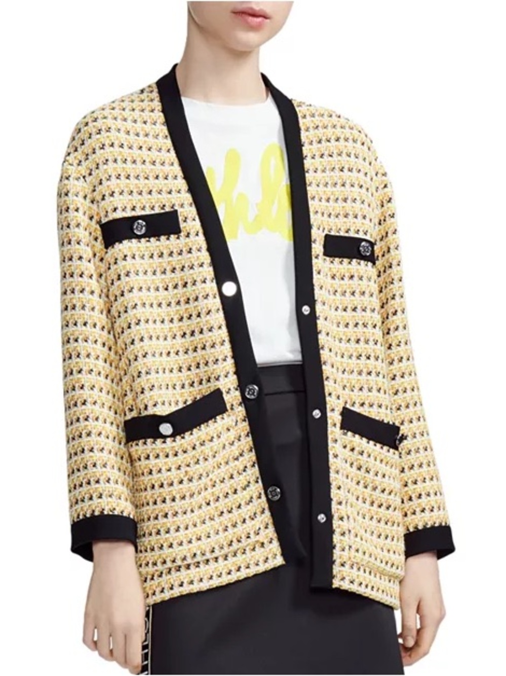 Maje S S Visidore Tweed Yellow Button Front Quiet Luxury Jacket